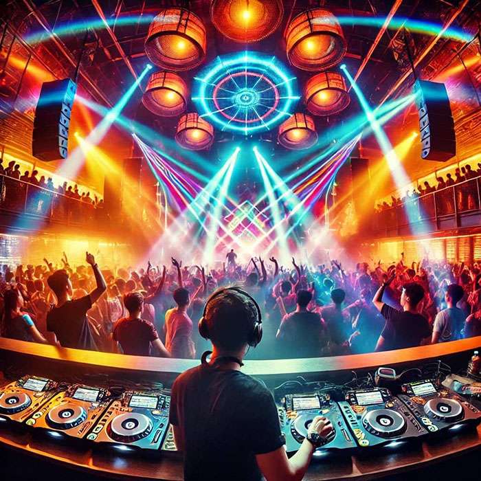 DJ nastupa na pozornici ispred velike, energične publike, s playerima i mikserom, okružen živopisnim svjetlosnim efektima i laserima, u modernom klubu ili festivalskom okruženju.