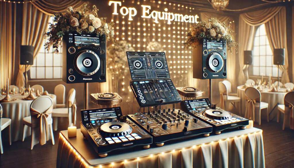 Elegantni prikaz vrhunske DJ opreme uključujući gramofone, miksere i zvučnike, postavljene u svadbenom prostoru s dekoracijama poput cvijeća i svjetala, stvarajući svečanu i profesionalnu atmosferu dj-a za svadbu.