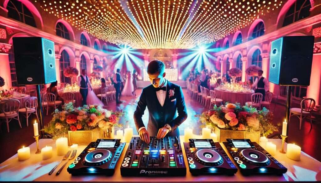 Kako izgleda dogovor s DJ-em prije vjenčanja: sve što trebate znati 🎵 1 Profesionalni DJ setup na elegantnom vjenčanju u Karlovcu, uključujući DJ opremu, razglas i svjetlosne efekte, s plesnim podijem i gostima u pozadini, stvarajući svečanu i veselu atmosferu.