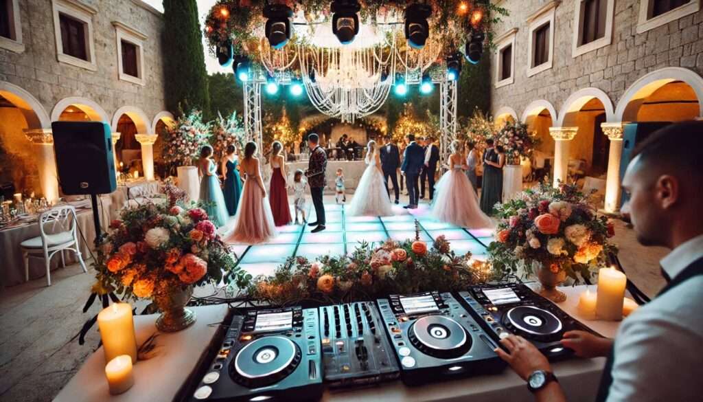 Professional wedding DJ setup at a luxurious wedding venue in Croatia, with glowing lights, modern equipment, and a lively dance floor full of guests, surrounded by a beautiful Croatian landscape, wedding dj croatia.